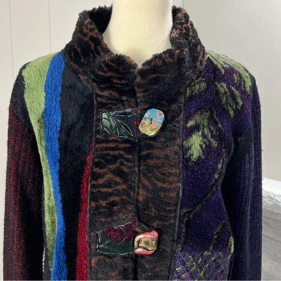 Lee Andersen Patchwork Art To Wear Multicolor Fleece Sweater Knit Cardigan S - Picture 2 of 6